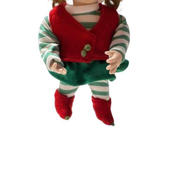 Porcelain Christmas Elf Doll Ornament With Red Vest Green Striped Outfit & Hat - Picture 3 of 8
